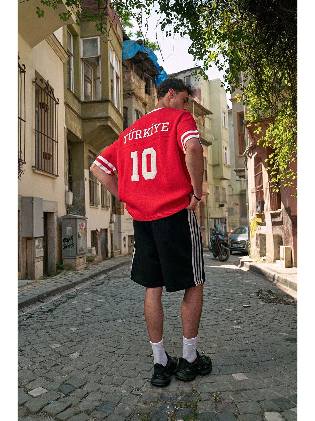 Unisex Oversize Premium Ay Yıldız Triko Forma T-Shirt Kırmızı-5