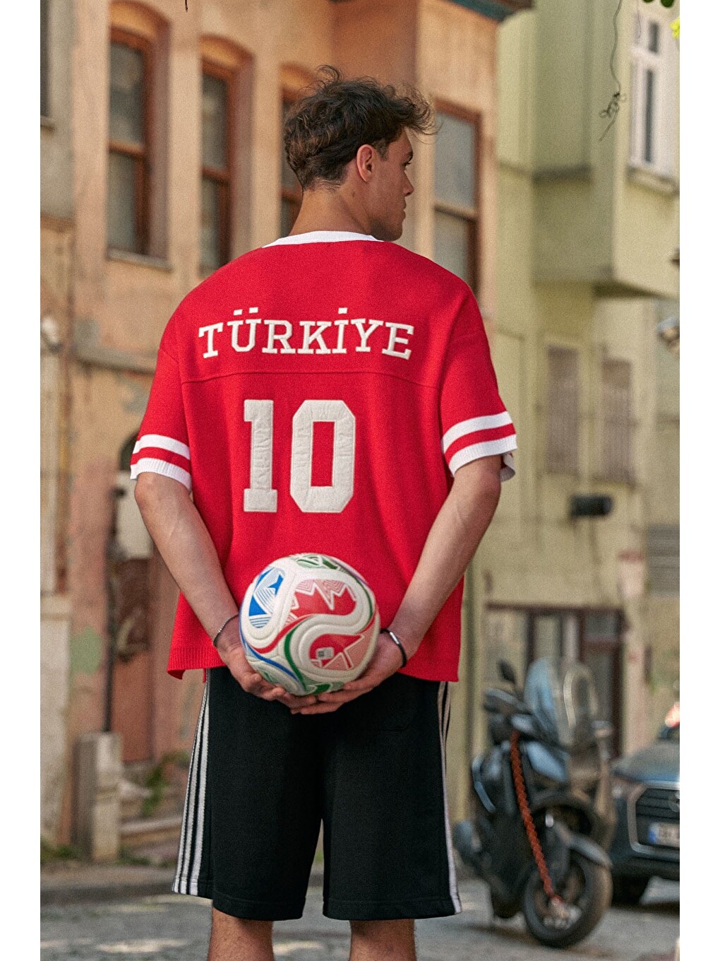 Unisex Oversize Premium Ay Yıldız Triko Forma T-Shirt Kırmızı-6