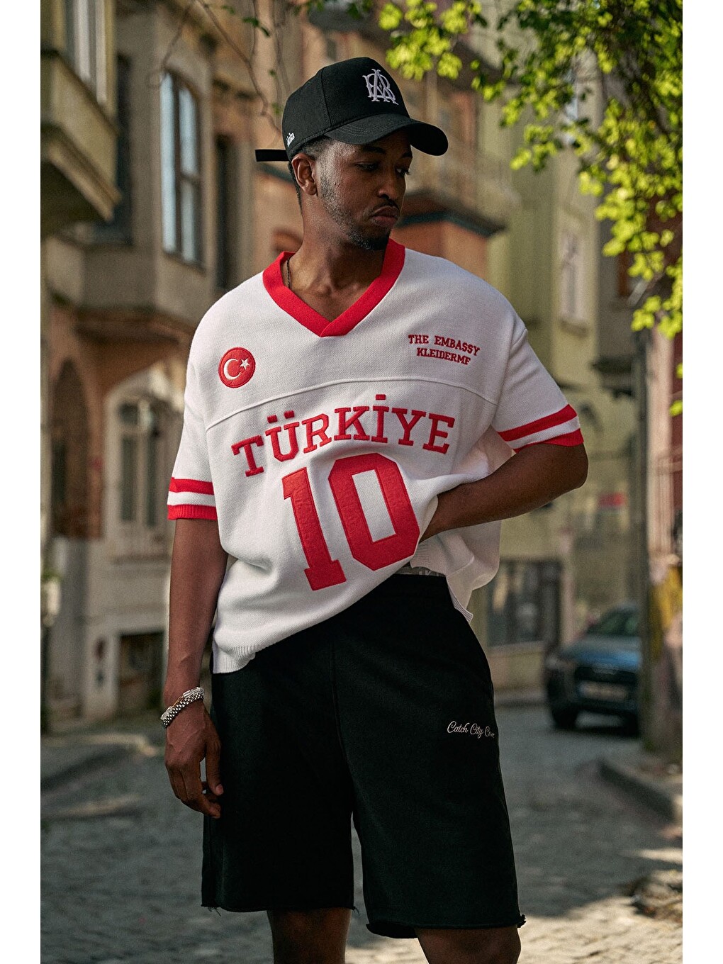 Unisex Oversize Premium Ay Yıldız Triko Forma Tişört Ekru-2