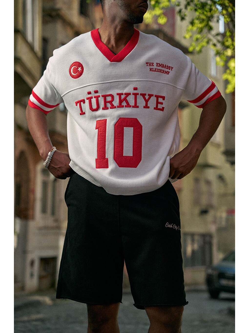 Unisex Oversize Premium Ay Yıldız Triko Forma Tişört Ekru-3