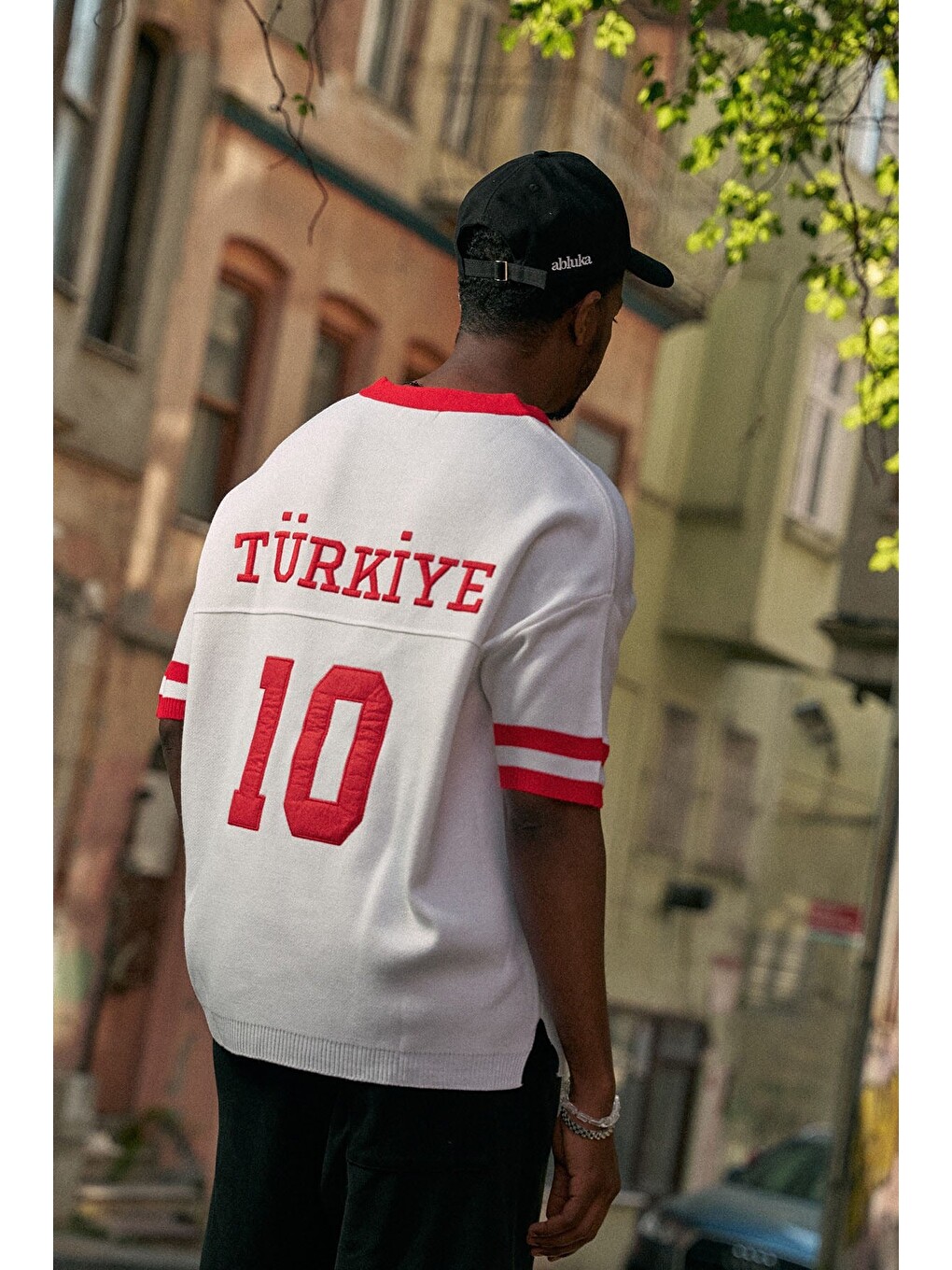 Unisex Oversize Premium Ay Yıldız Triko Forma Tişört Ekru-6