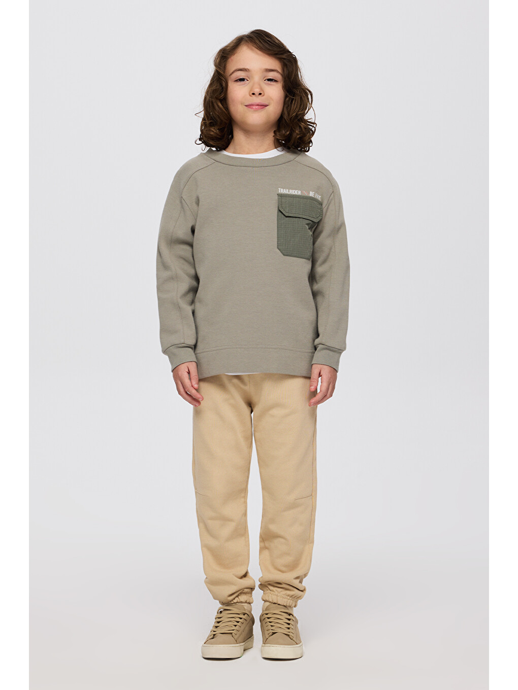 Erkek Çocuk Yuvarlak Yaka Cepli Baskılı Parça Detaylı Antrasit Sweatshirt