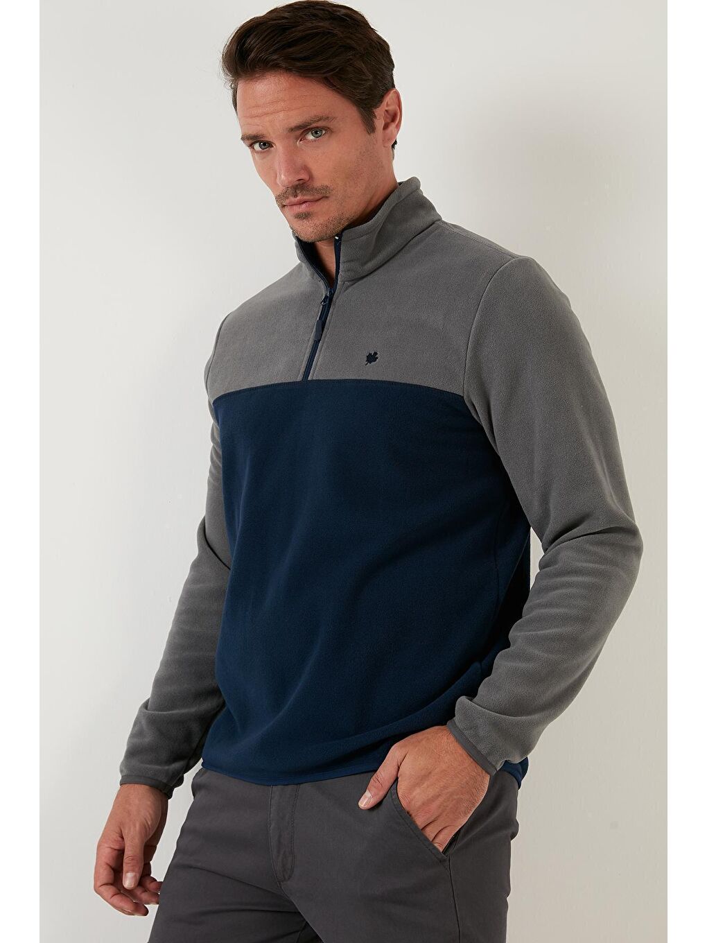 Buratti Gri Regular Fit Fermuarlı Dik Yaka Kışlık Şardonlu Erkek Polar Sweatshirt 5906016 - 2