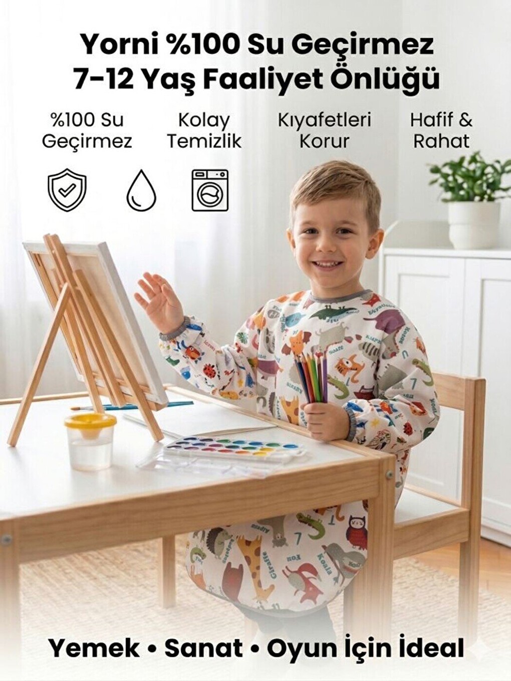7-11 Yaş, Zoo, Sıvı Geçirmez, Makinede Yıkanabilir, Uzun Kollu Çocuk, Aktivite, Etkinlik Önlüğü