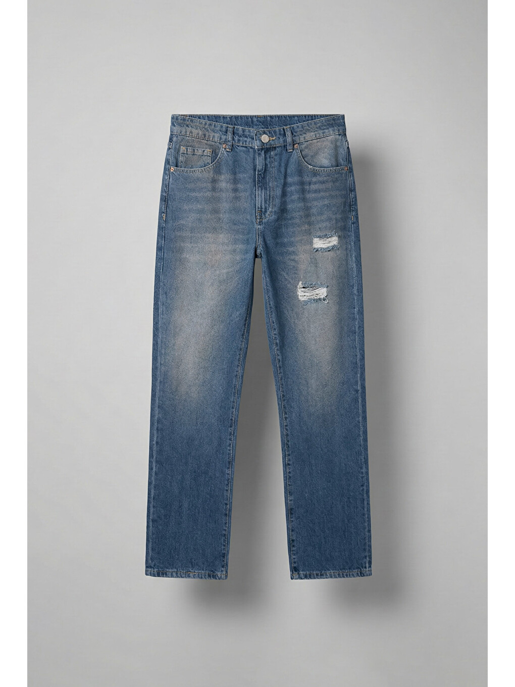 Erkek Yırtık Soluk Efektli Baggy Fit Jean Mavi