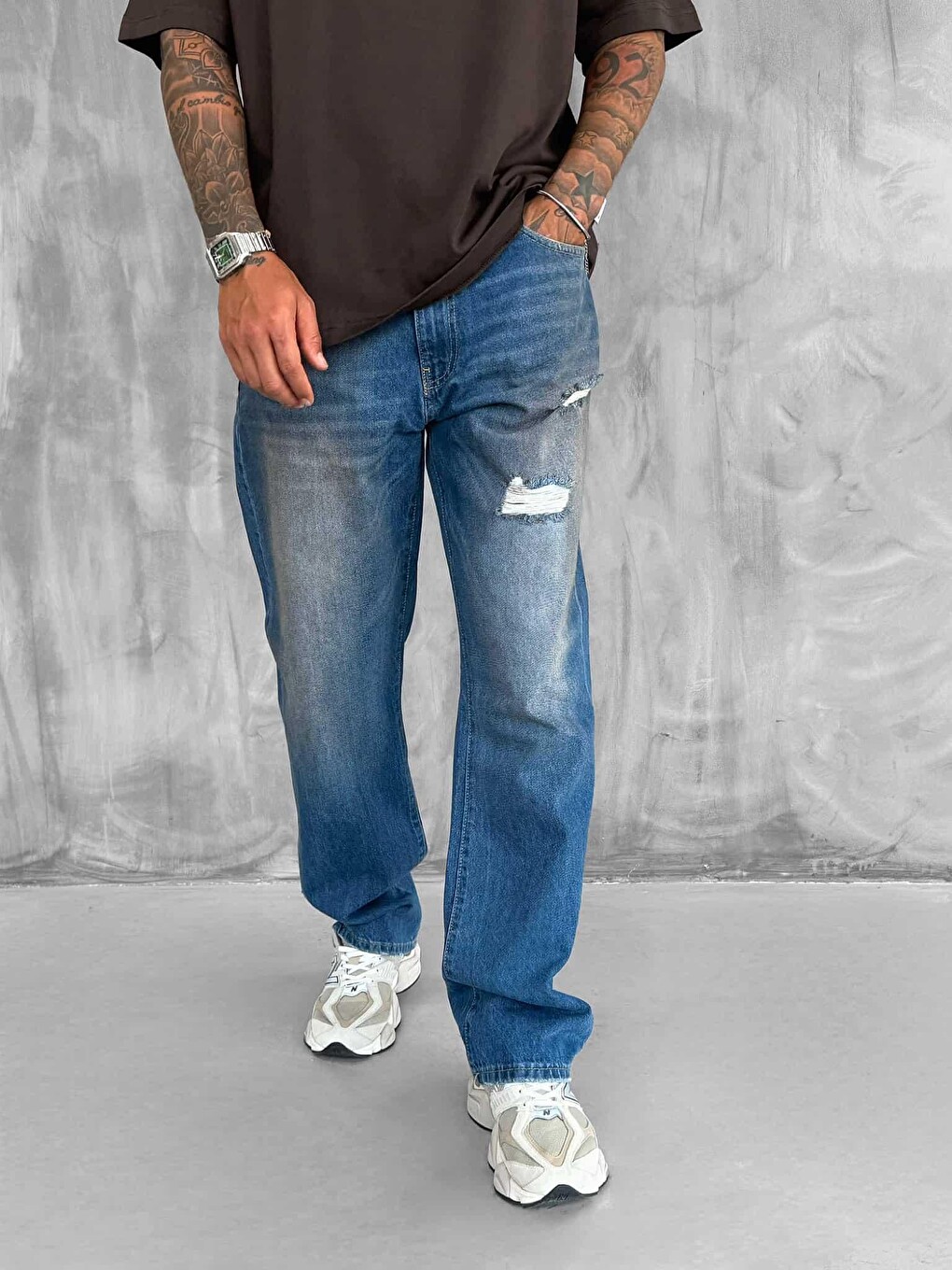 Erkek Yırtık Soluk Efektli Baggy Fit Jean Mavi-2
