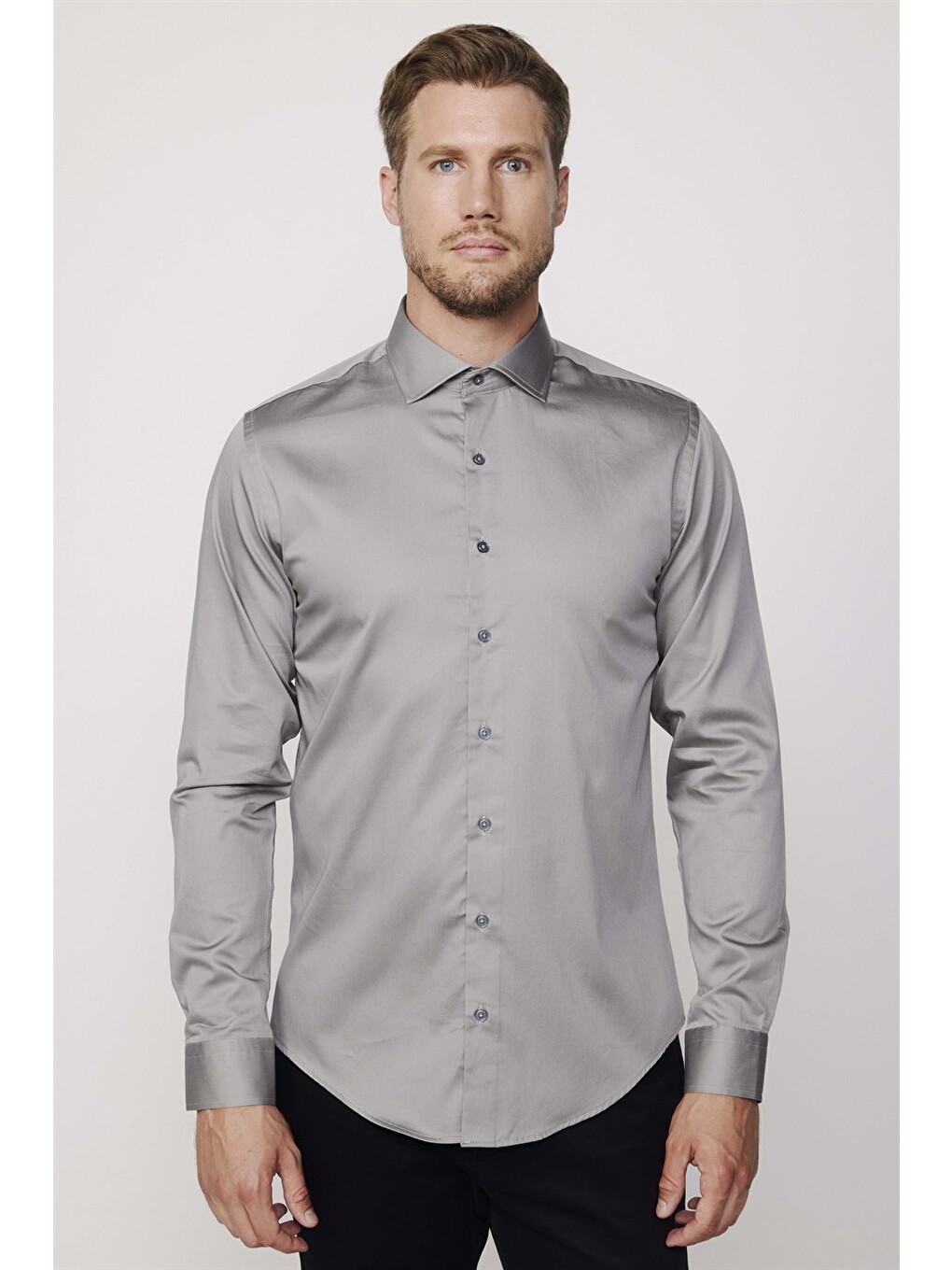 Slim Fit Pamuk Saten Premium Seri Erkek Gri Gömlek-1
