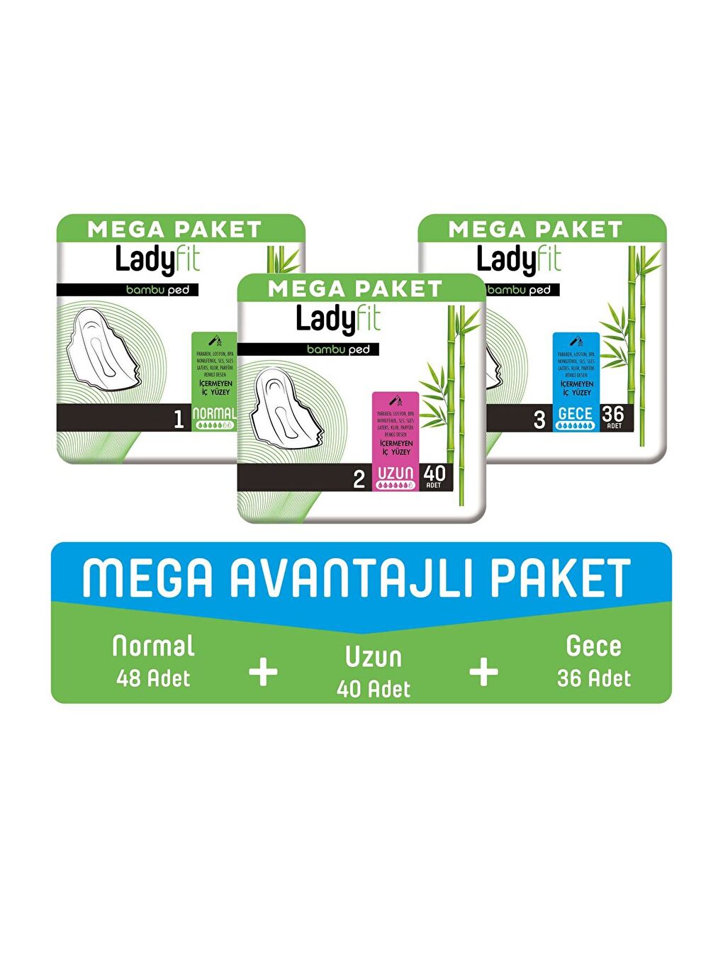 Ladyfit Bambu Ped Mega Avantajlı Paket (Normal 48 Adet + Uzun 40 Adet + Gece 36 Adet)