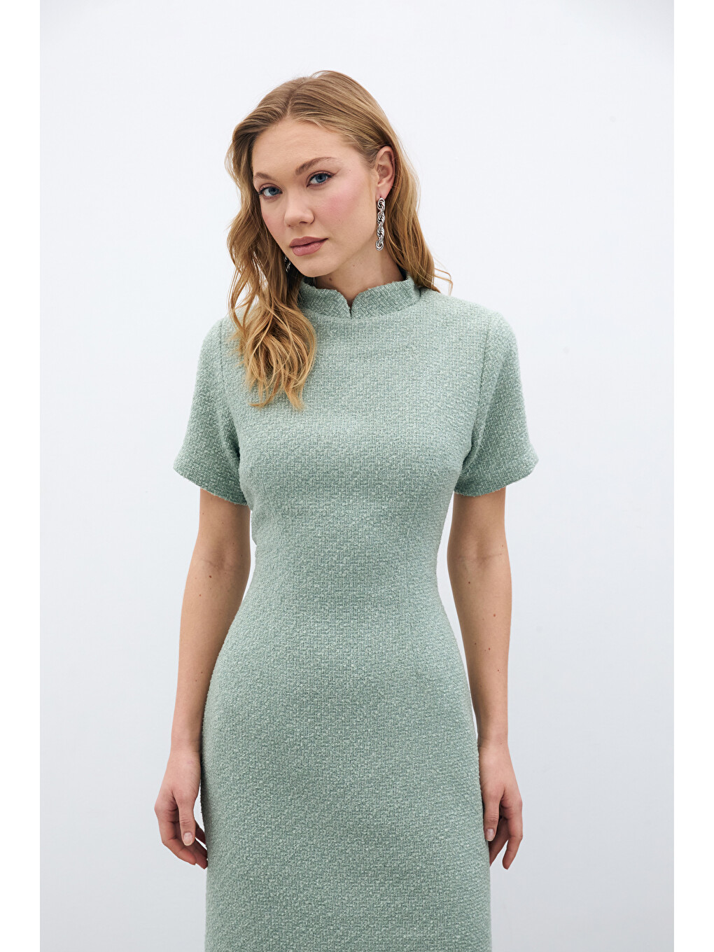 Yeşil Dik Yaka Tüvit Elbise - Mint-1