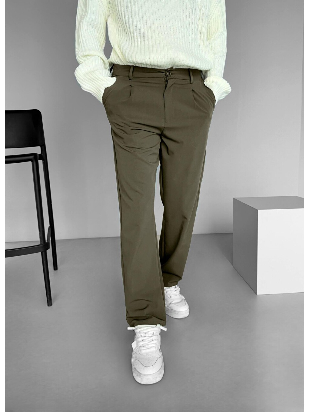 Baggy Fit Beli Lastikli Rahat Erkek Pantolon Haki-2