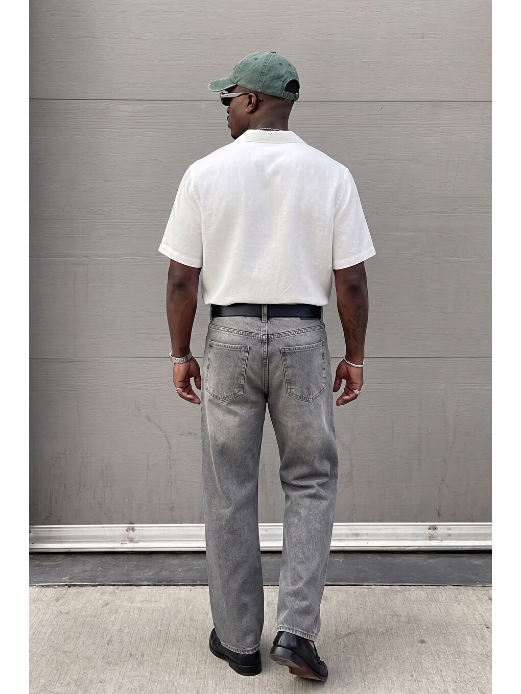Erkek Baggy Yıkamalı Düz Paça Jean Pantolon Açık Gri-3