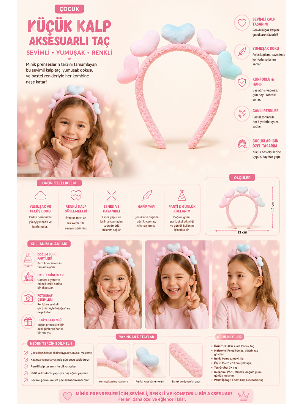 Çocuk Küçük Kalp Aksesuarlı Taç Pembe-1