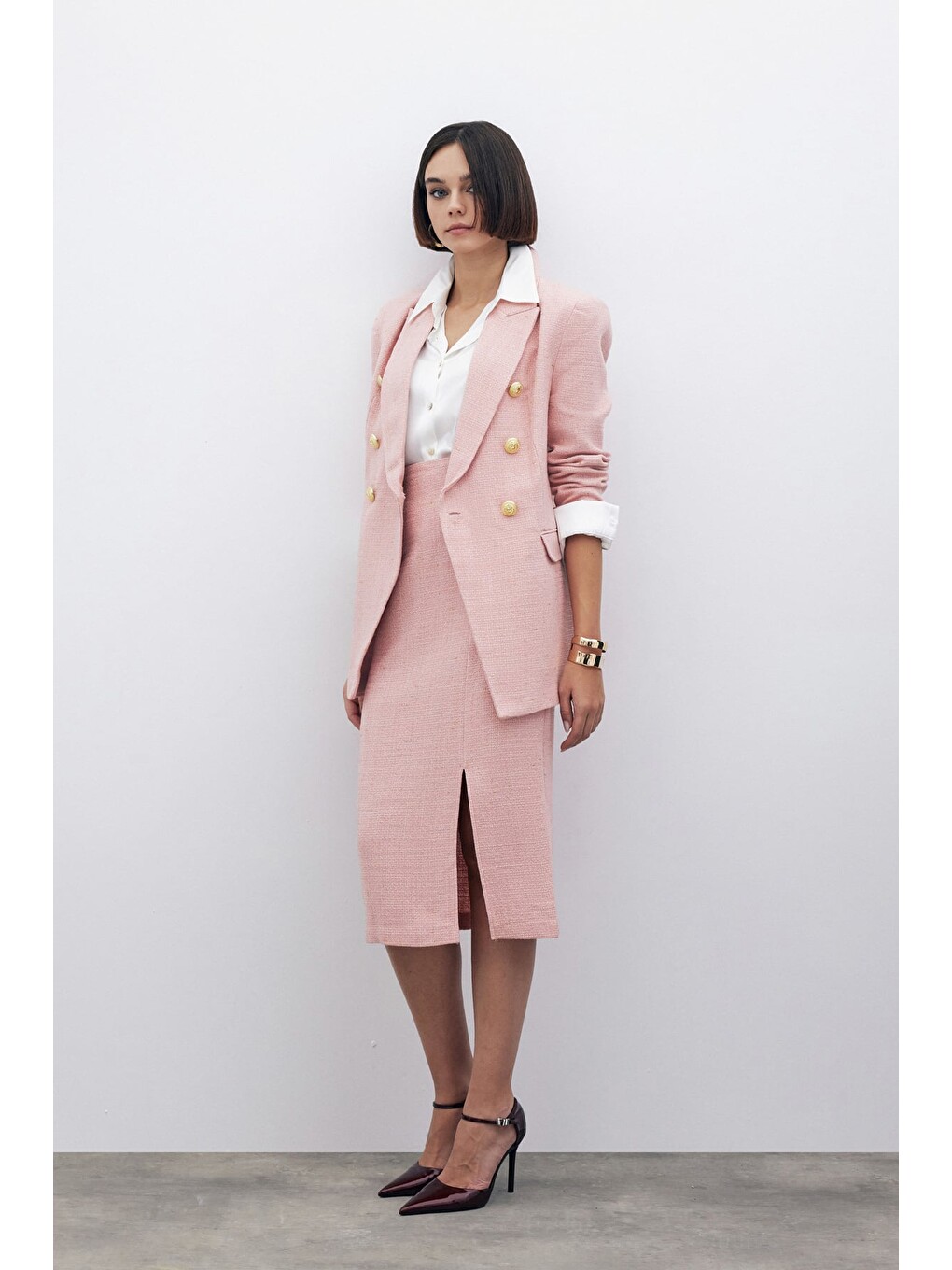 Pembe Simli Midi Boy Tüvit Etek - Pudra