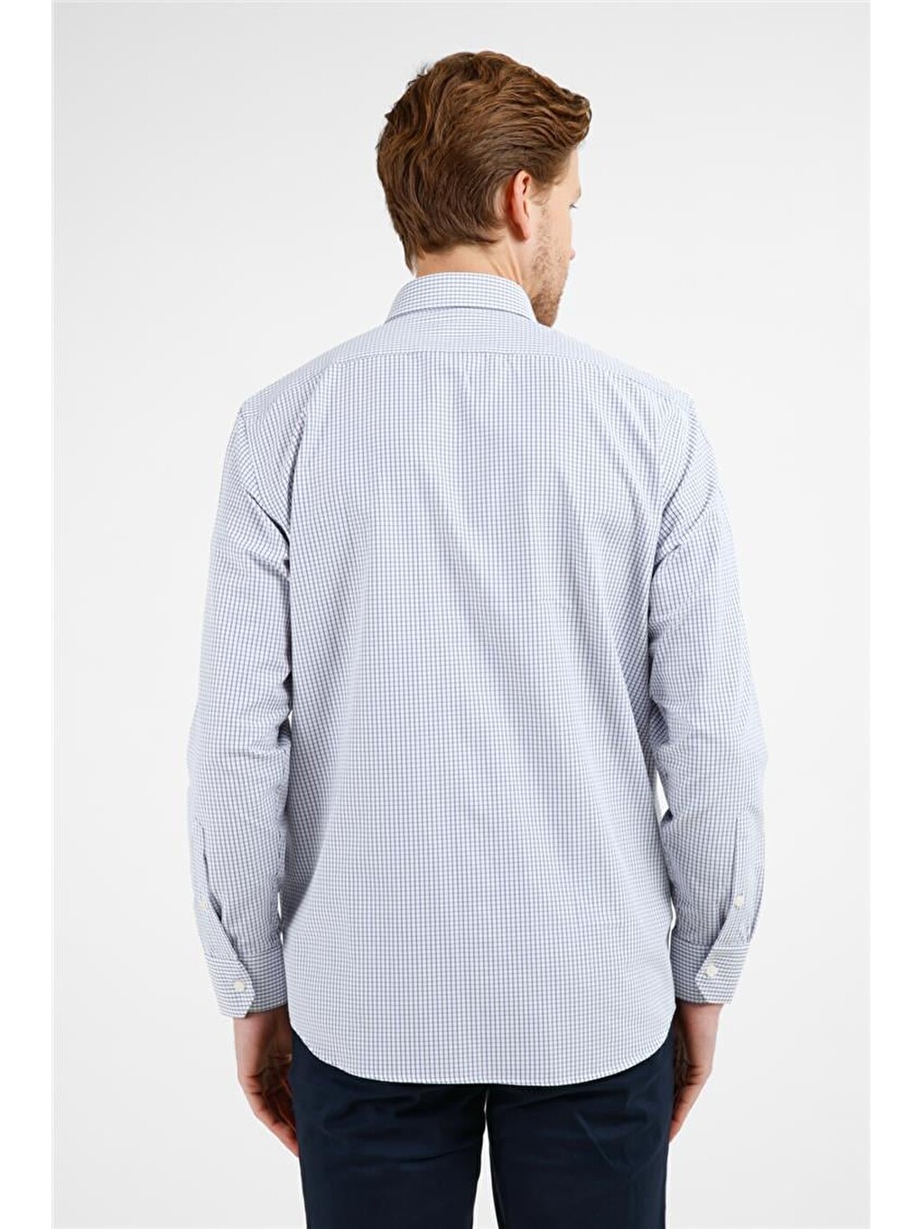 Beyaz - Lacivert Kareli Desen Sert Yaka Uzun Kol Cepli Comfort Fit Pamuklu Gömlek 1004255209-4