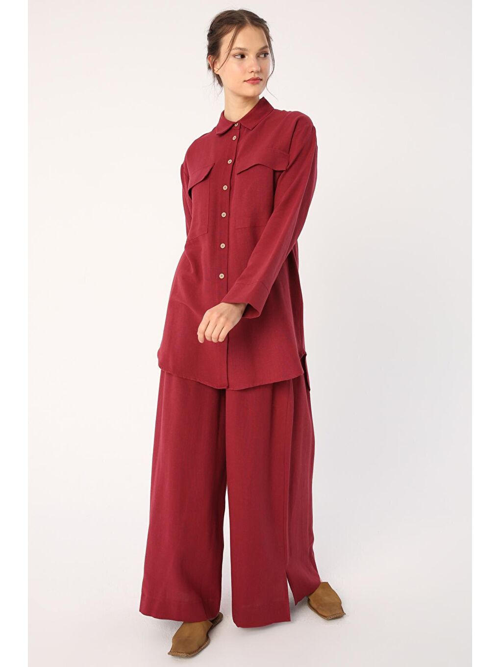 Bordo Vişne Keten Gömlek Pantolon Takım