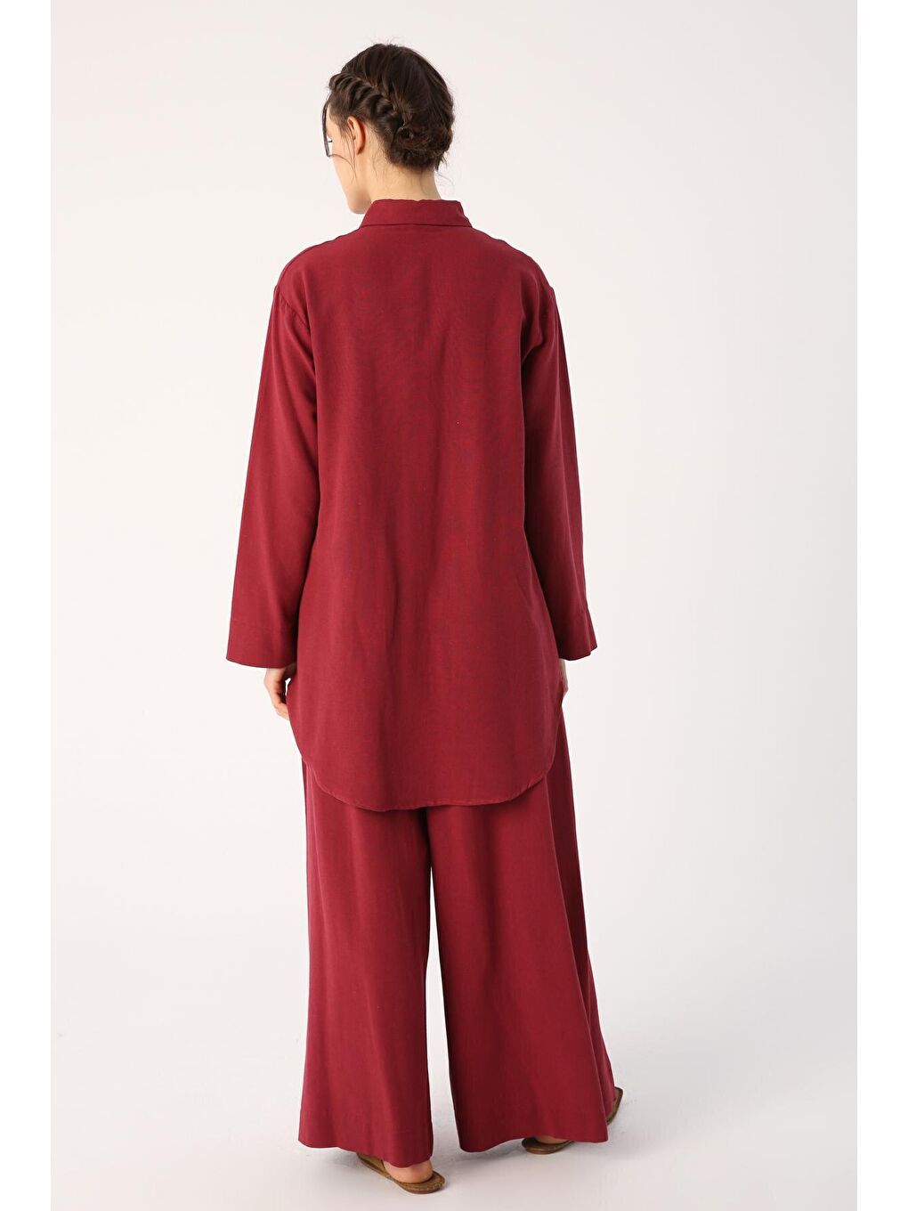 Bordo Vişne Keten Gömlek Pantolon Takım-3