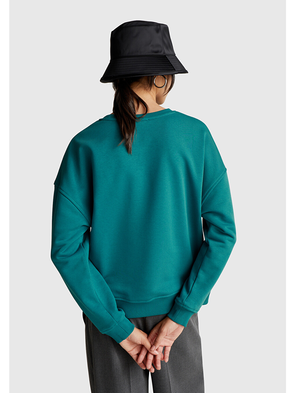 Kadın Koyu Yeşil Pamuk Karışımlı Çiçek Motifli Sweatshirt-2
