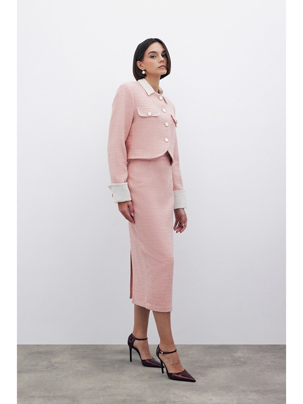 Pembe Süs Düğmeli Tüvit Kalem Etek - Pudra-3
