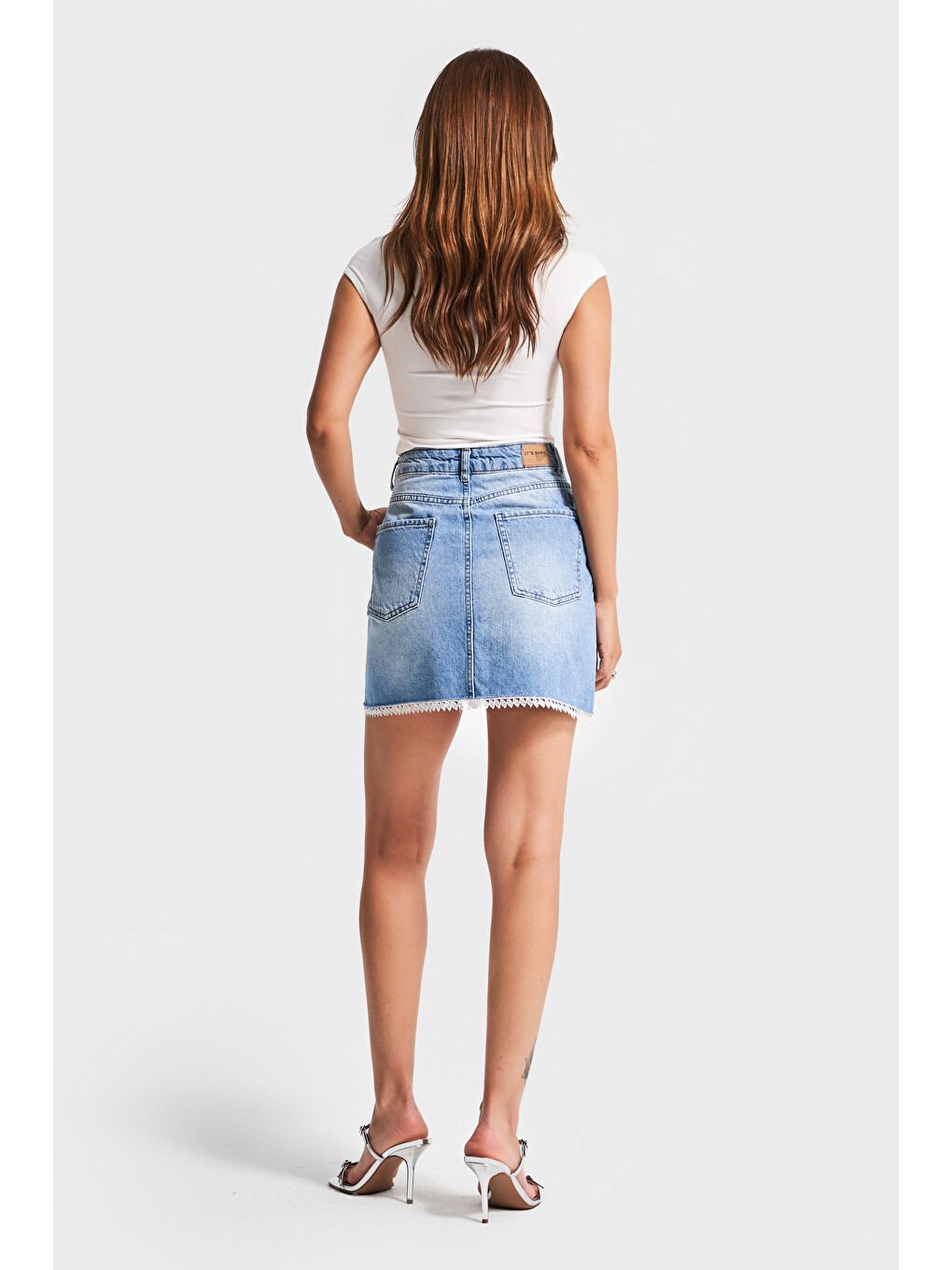 Kadın Mavi Renk D2-s5-4 Dantel Detaylı Midi Boy 42 Cm %100 Pamuk Tasarım Denim Etek-4