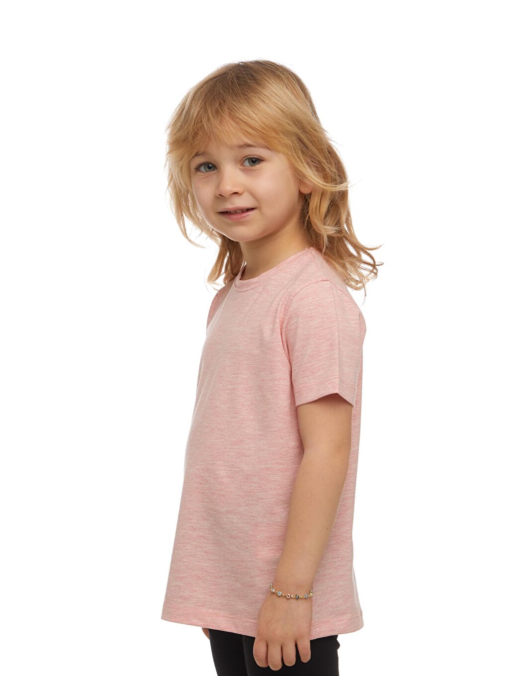 Koyu Pembe Melanj Unısex Sıfır Yaka Kısa Kollu Tişört-1