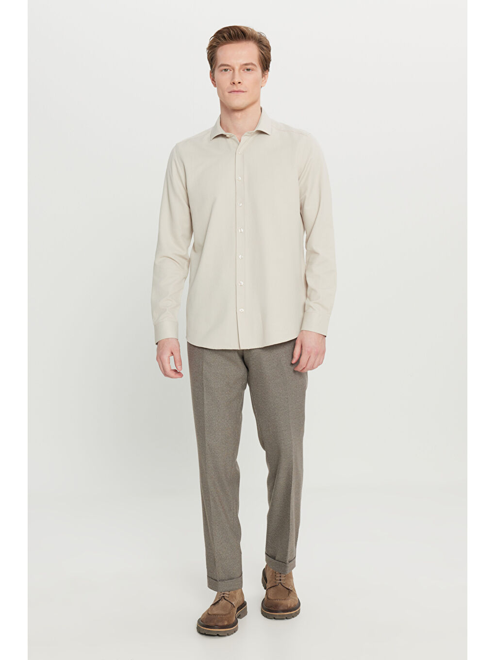 Erkek Bej Kolay Ütülenebilir Slim Fit Dar Kesim İtalyan Yaka Armürlü Basic Gömlek-3