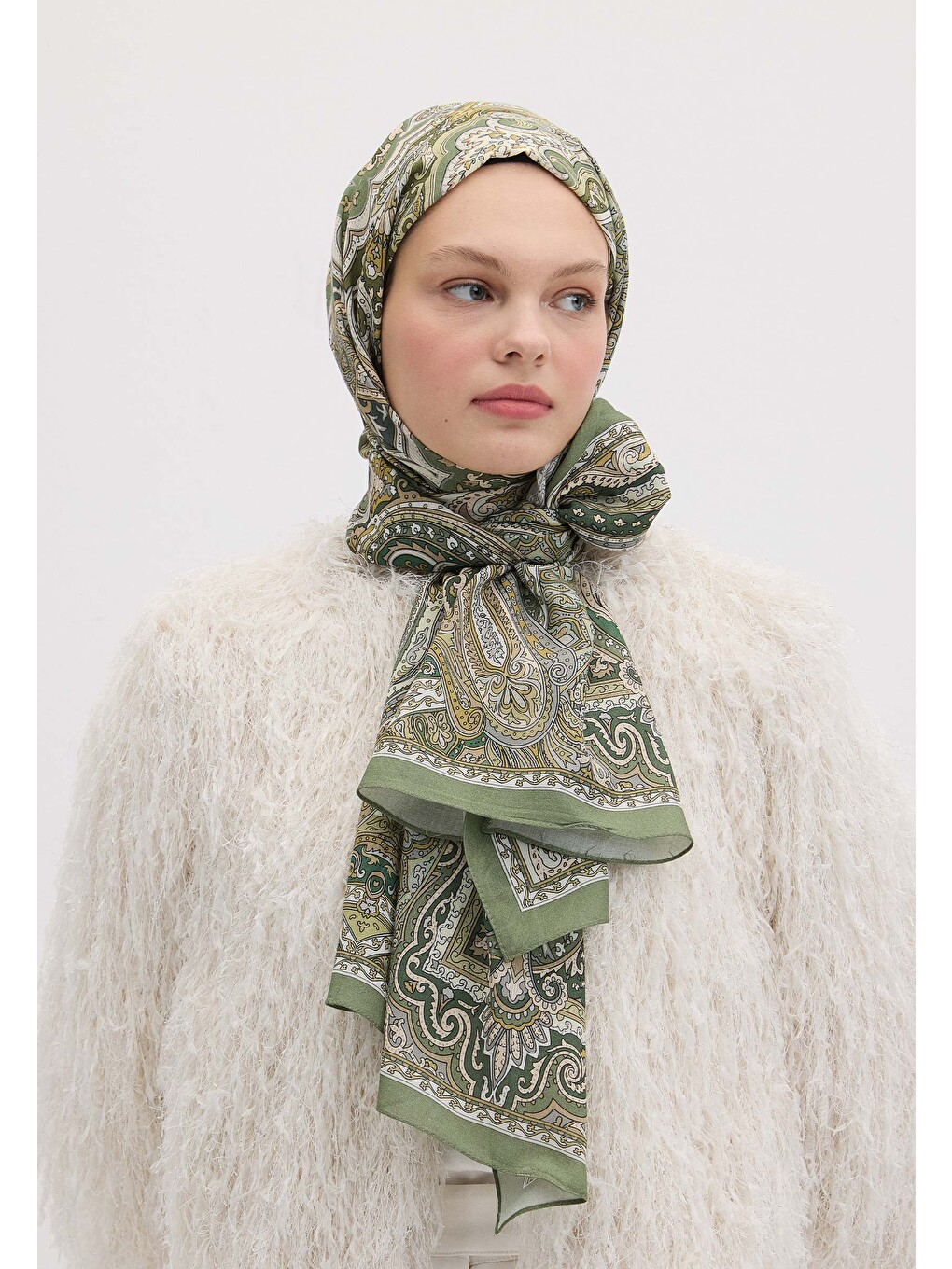 Etnıc Floral Desen Şal Yosun Yeşili-2