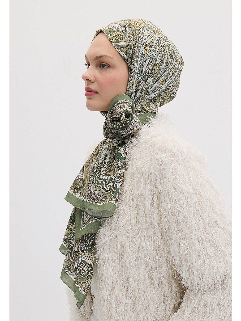 Etnıc Floral Desen Şal Yosun Yeşili-3