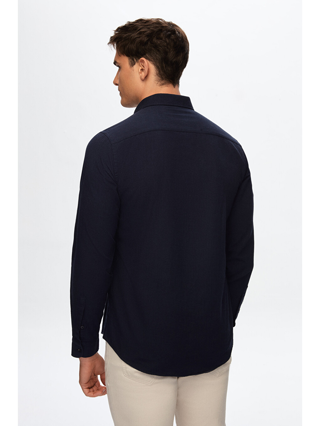 Slim Fit Lacivert Düğmeli Yaka %100 Pamuk Yazlık Flamlı Keten Görünümlü Gömlek-5