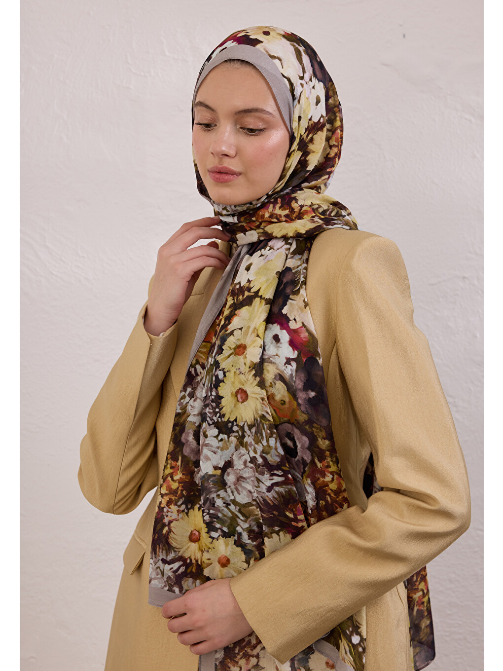 Gri Beauty Blossom Desen Rami Şal Füme-3