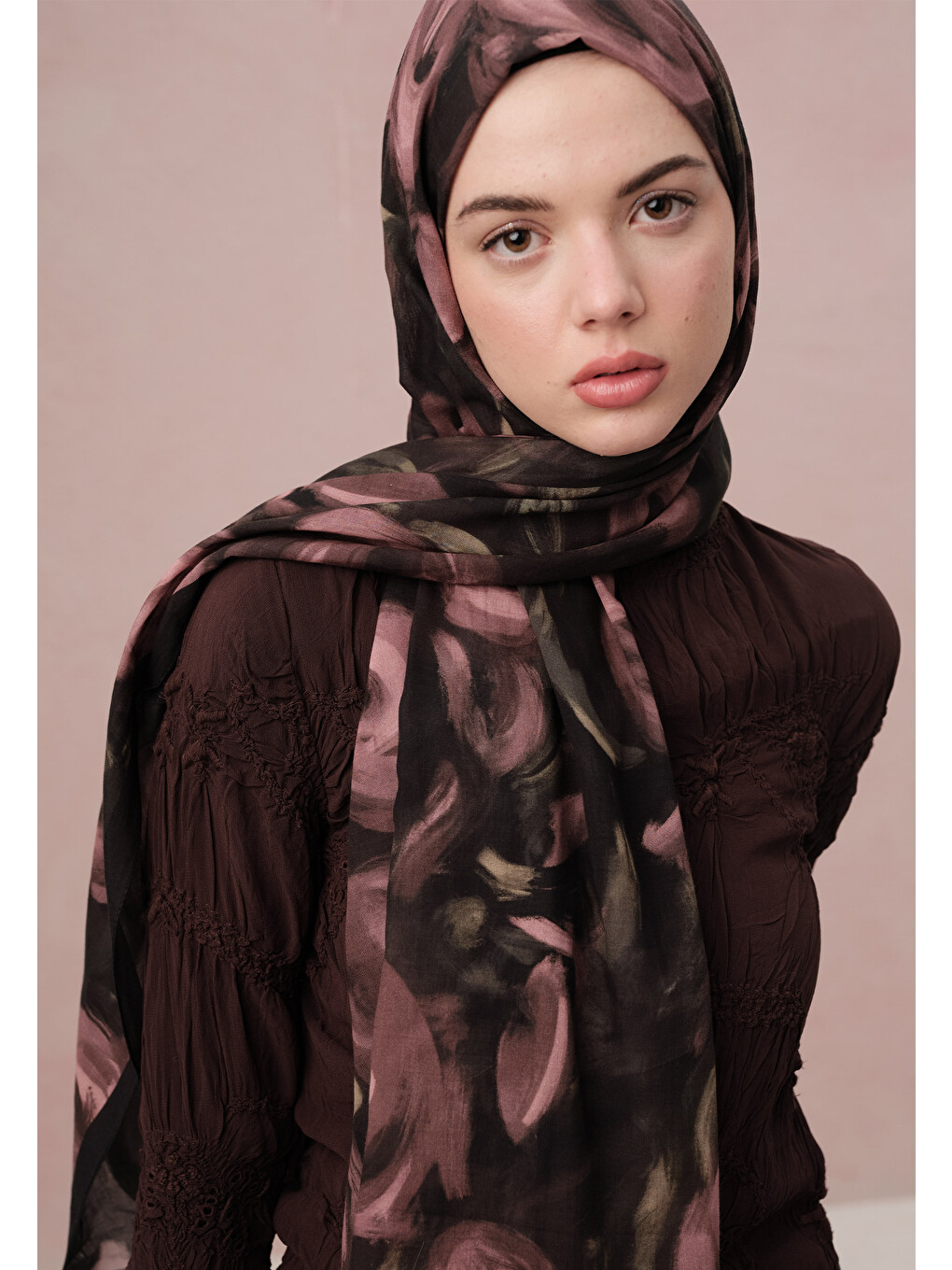 Pembe Rosaly Desen Vual Şal Gül Kurusu-5