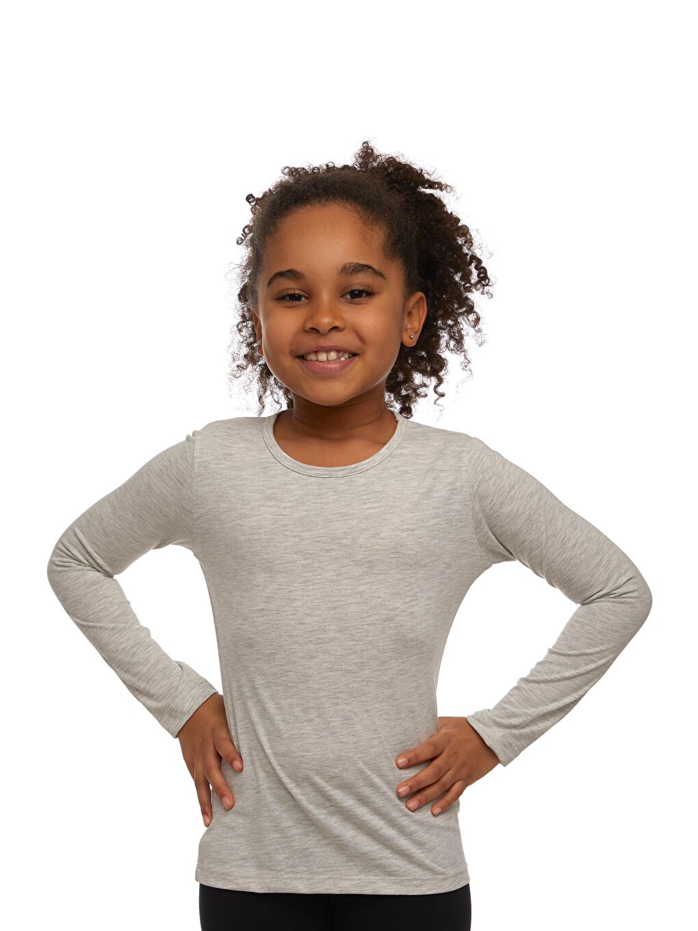 Gri Kız Çocuk Düz Basic Elastanlı Uzun Kollu Tişört