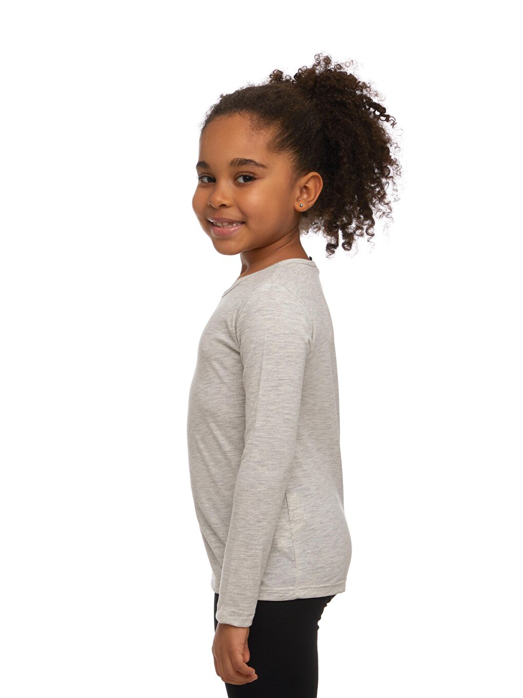 Gri Kız Çocuk Düz Basic Elastanlı Uzun Kollu Tişört-1