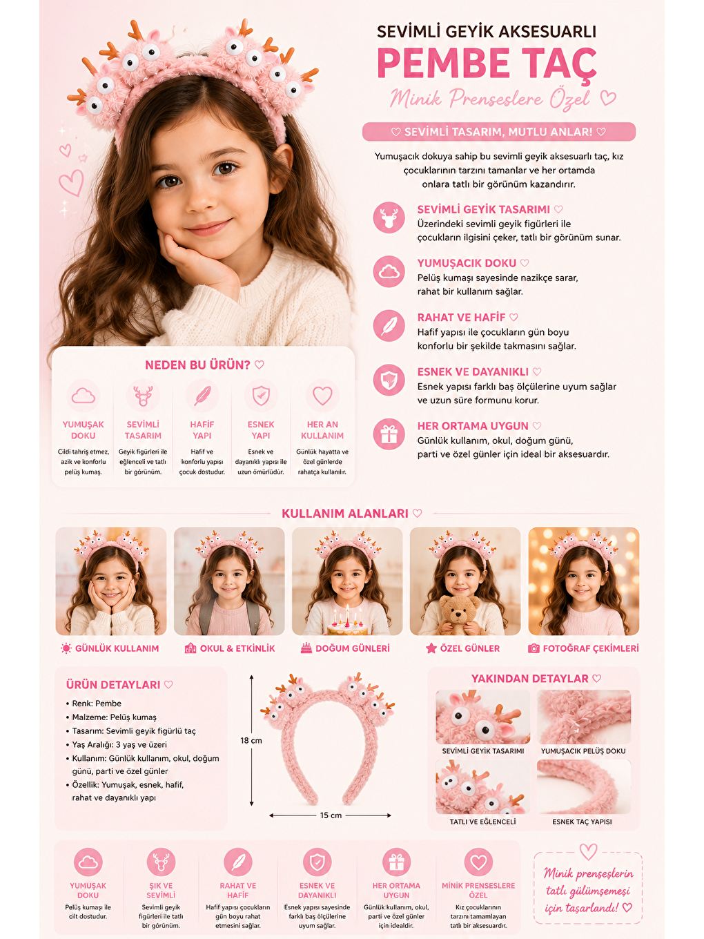 Sevimli Geyik Aksesuarlı Pembe Taç-1