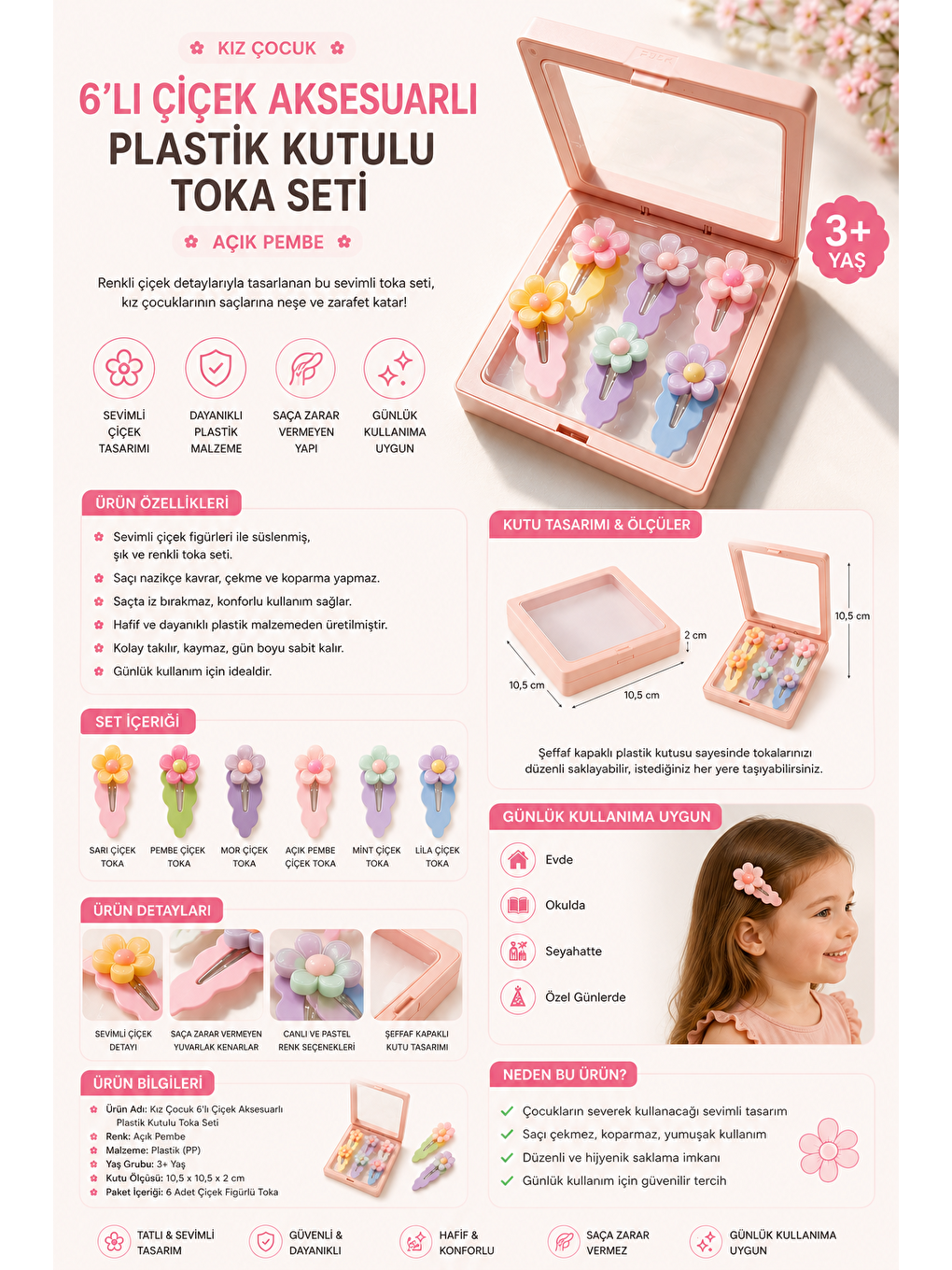 Kız Çocuk 6'lı Çiçek Aksesuarlı Plastik Kutulu Toka Seti Açık Pembe-3
