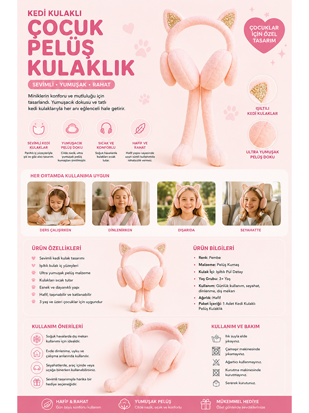Kedi Kulaklı Çocuk Pelüş Kulaklık Pembe-1