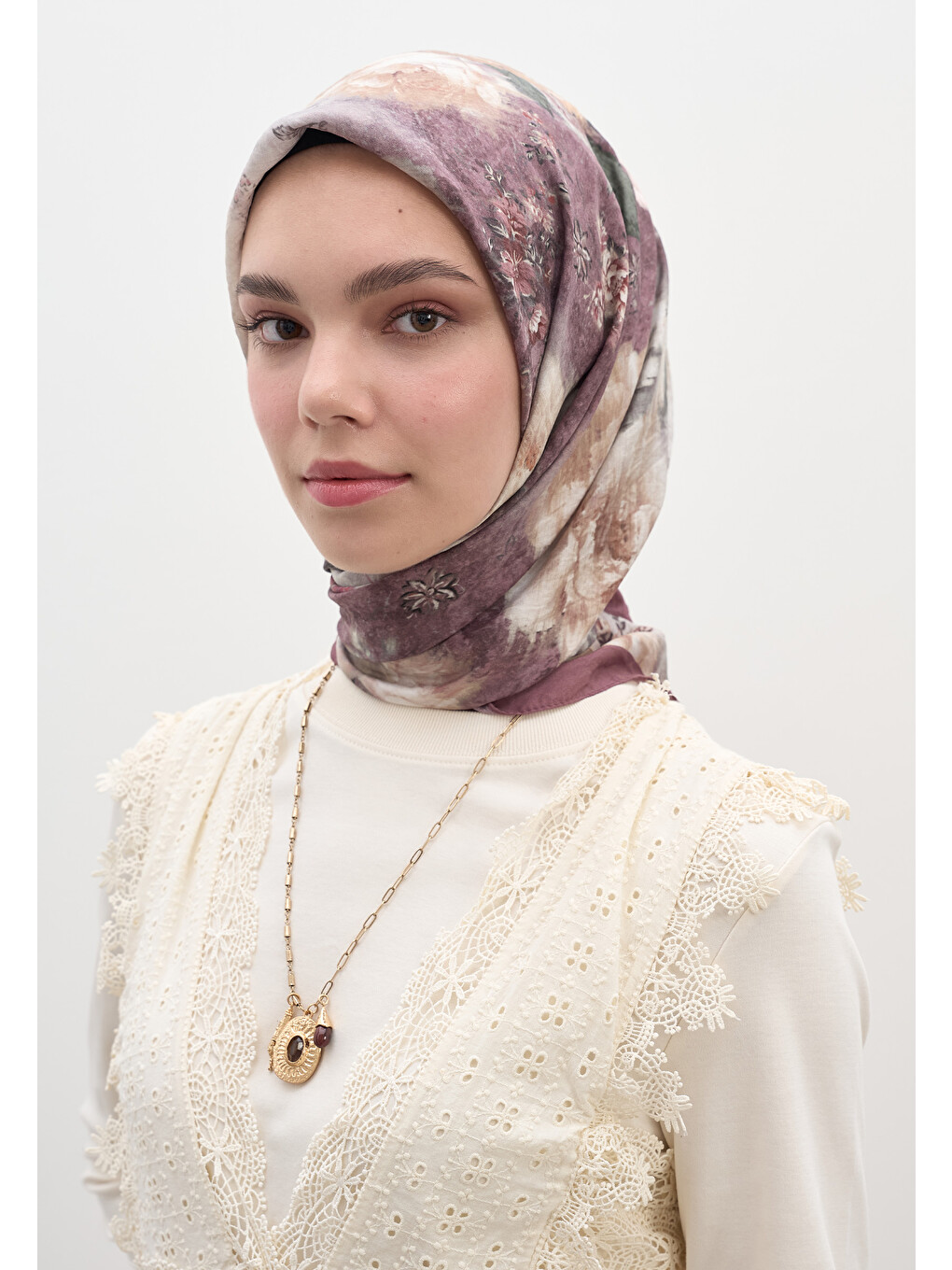 Pembe Vıntage Rose Desen Pamuklu Viskon Eşarp Gülkurusu-5