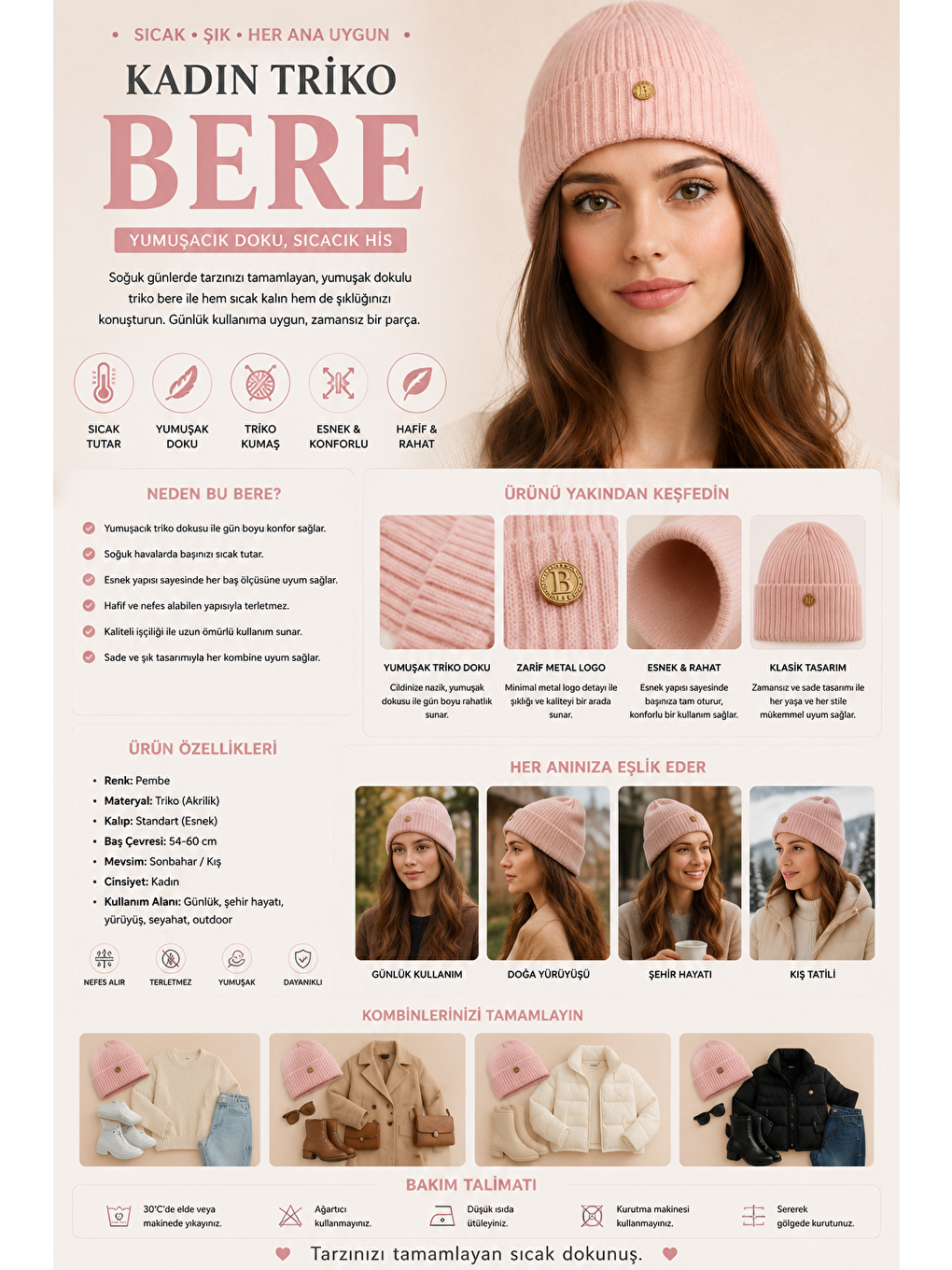Kadın Triko Bere Pembe-1