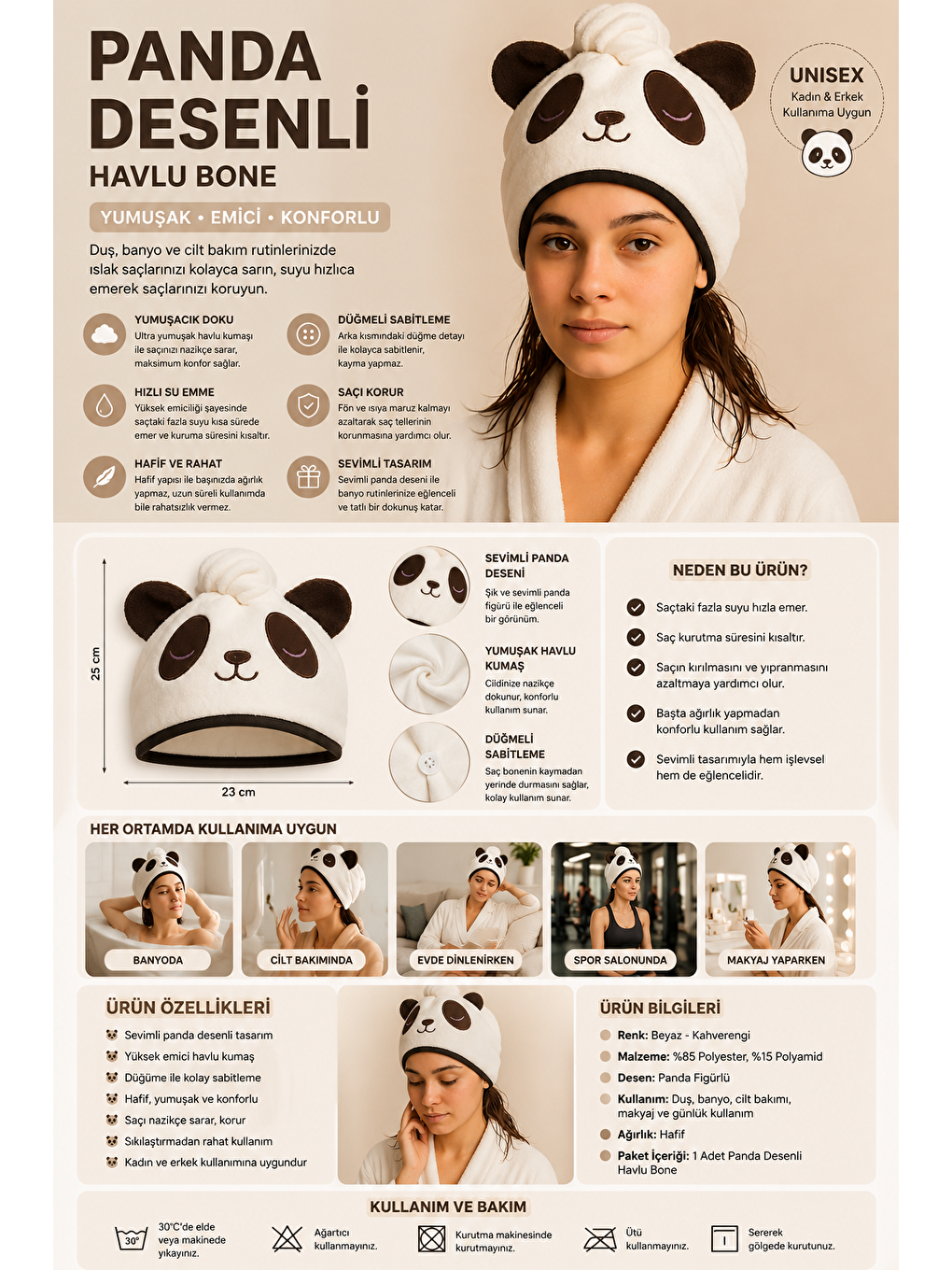 Karışık Panda Desenli Havlu Bone-1