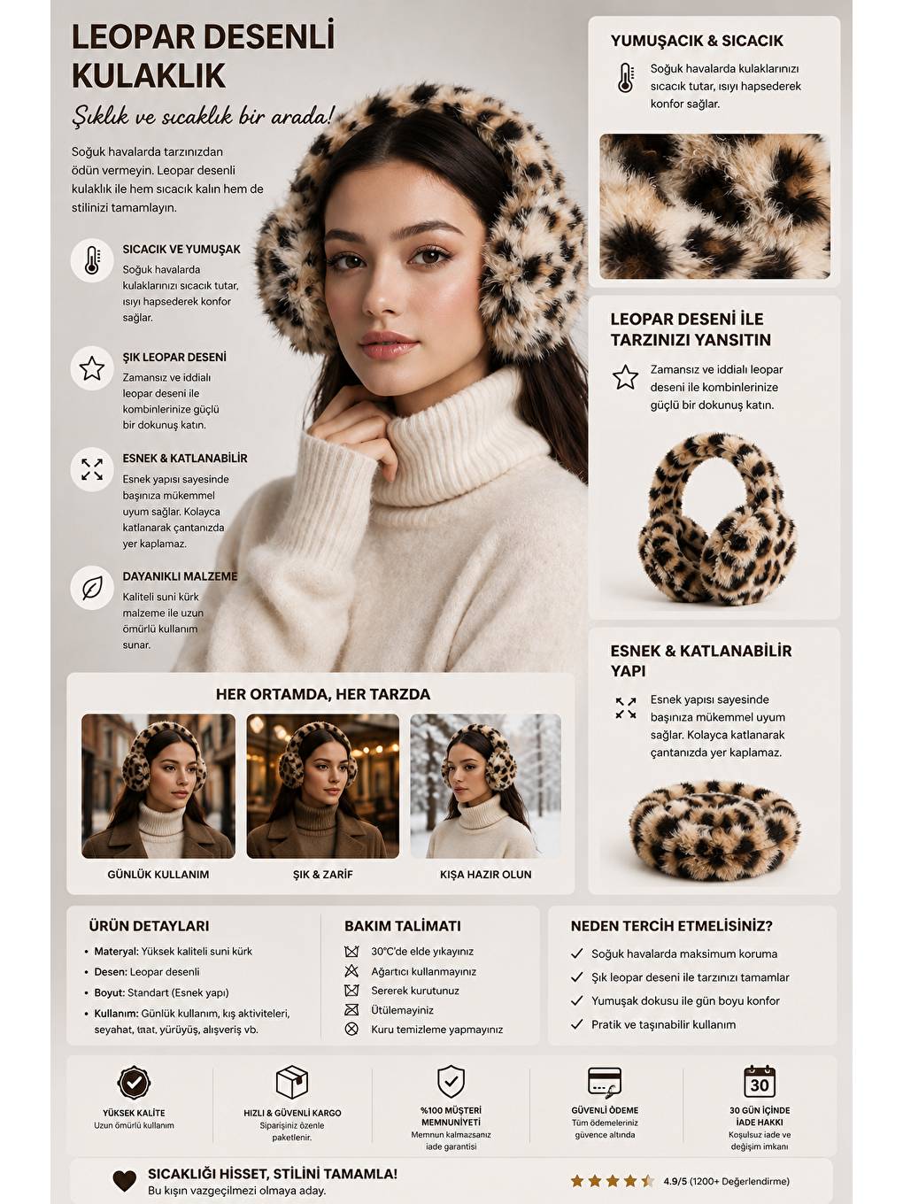 Karışık Leopar Desenli Kulaklık Renkli-1