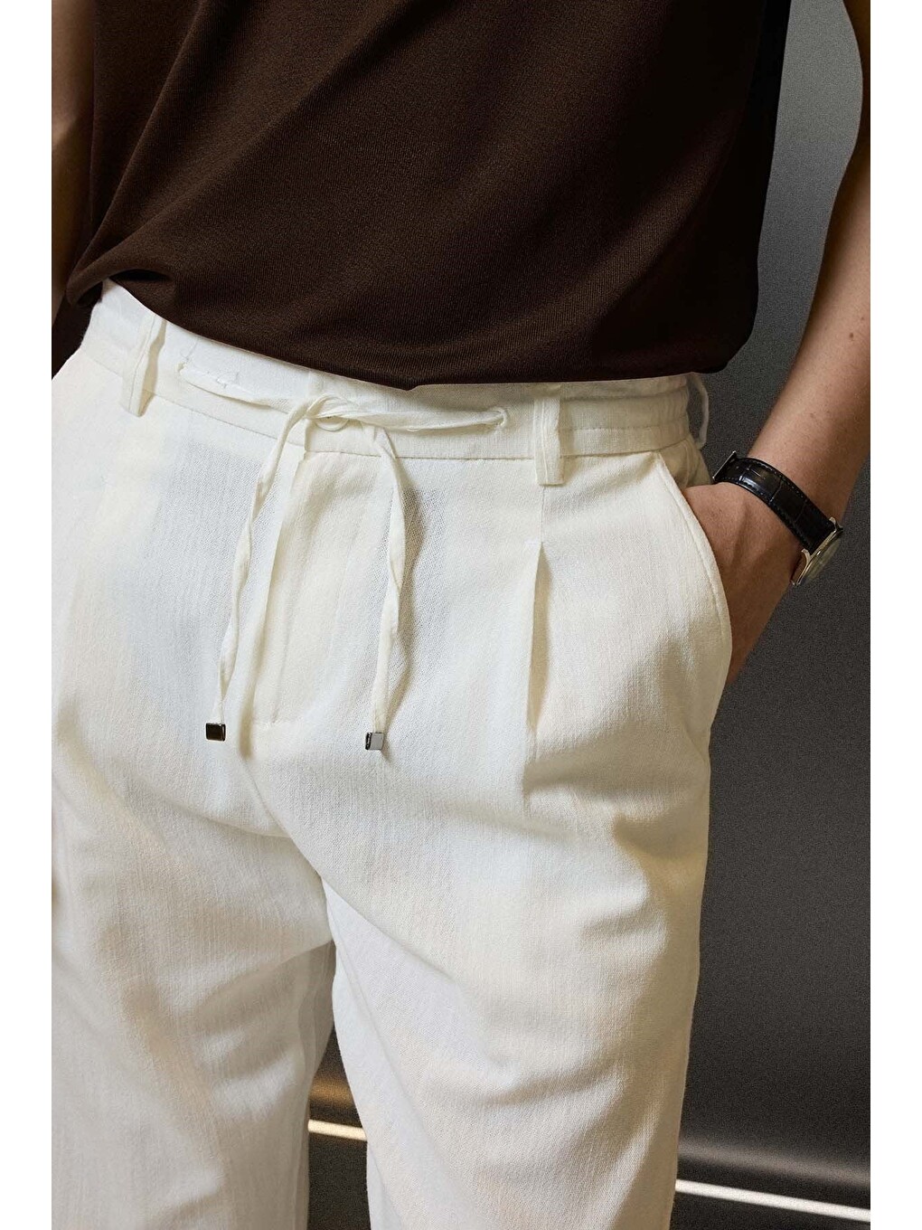 Erkek Relaxed Fit Bağcıklı Rahat Kalıp Pantolon Beyaz-3