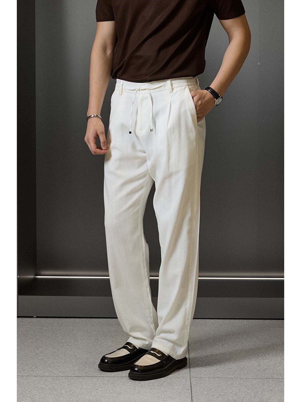 Erkek Relaxed Fit Bağcıklı Rahat Kalıp Pantolon Beyaz-4
