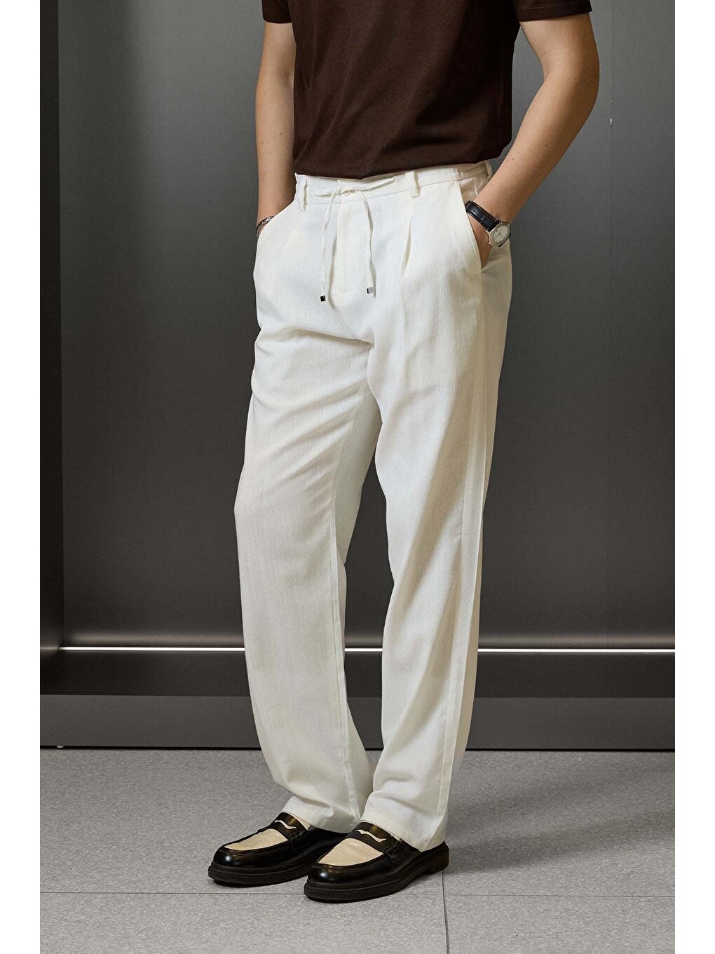 Erkek Relaxed Fit Bağcıklı Rahat Kalıp Pantolon Beyaz-5