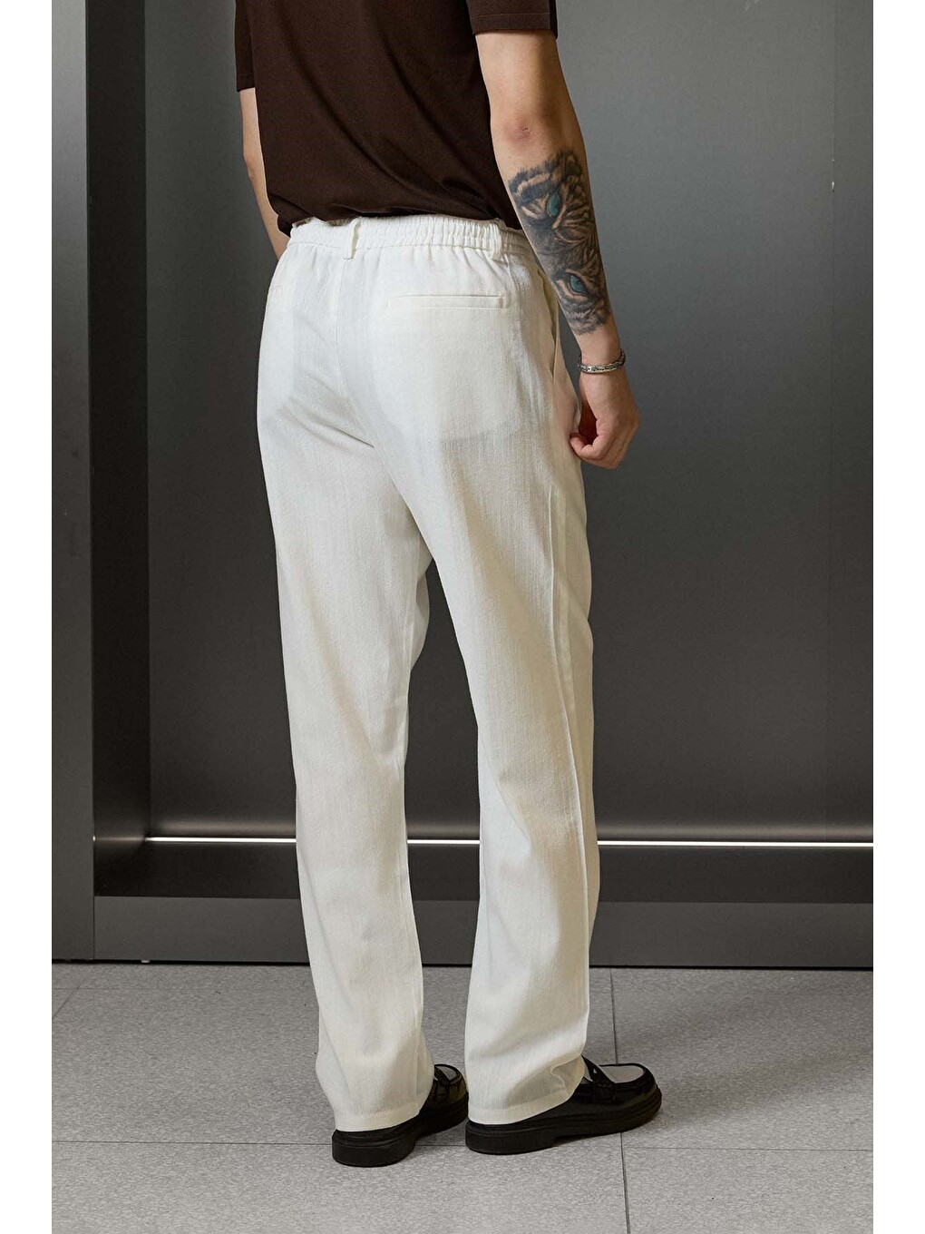Erkek Relaxed Fit Bağcıklı Rahat Kalıp Pantolon Beyaz-6