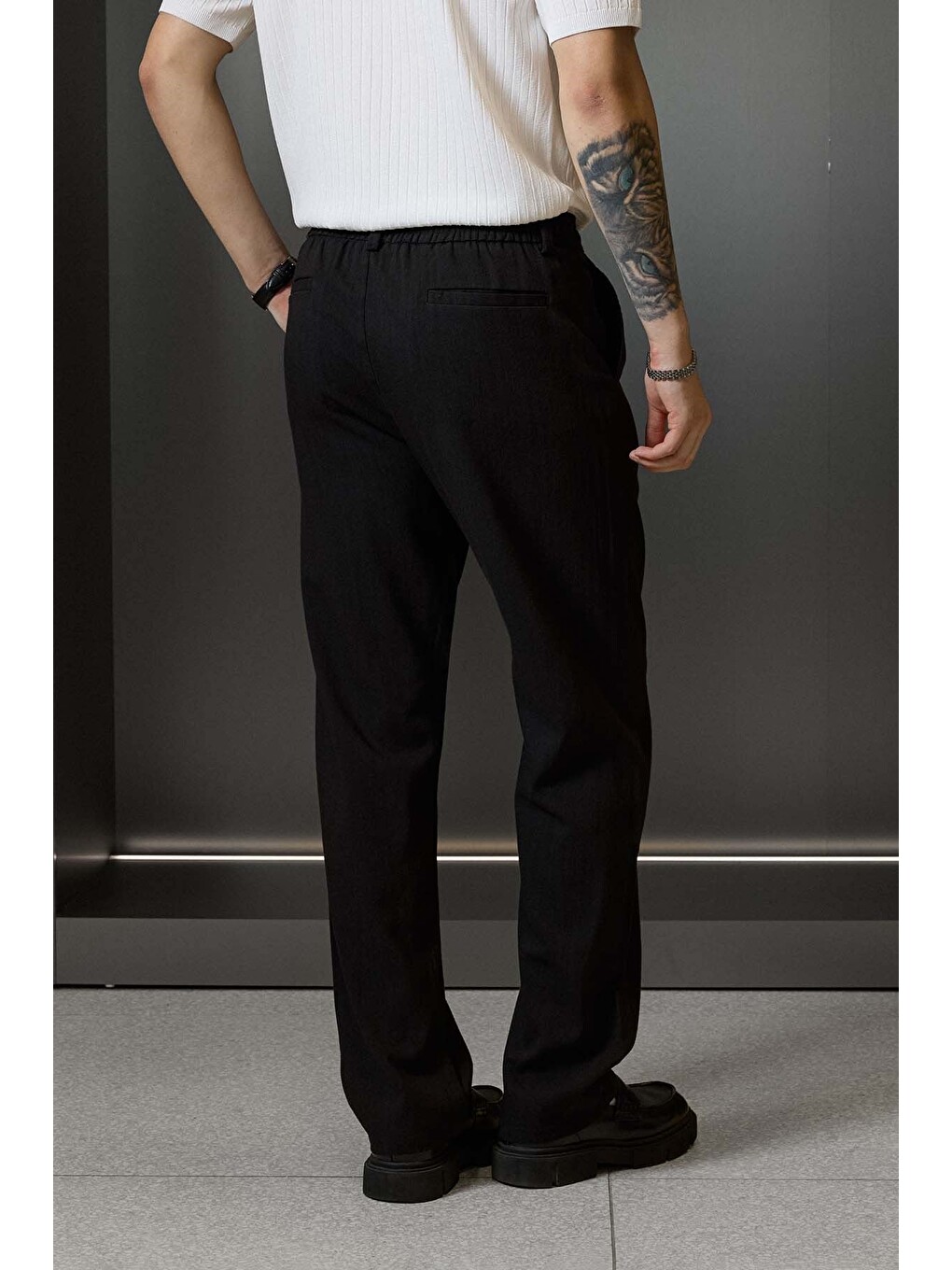 Erkek Relaxed Fit Bağcıklı Rahat Kalıp Pantolon Siyah-5