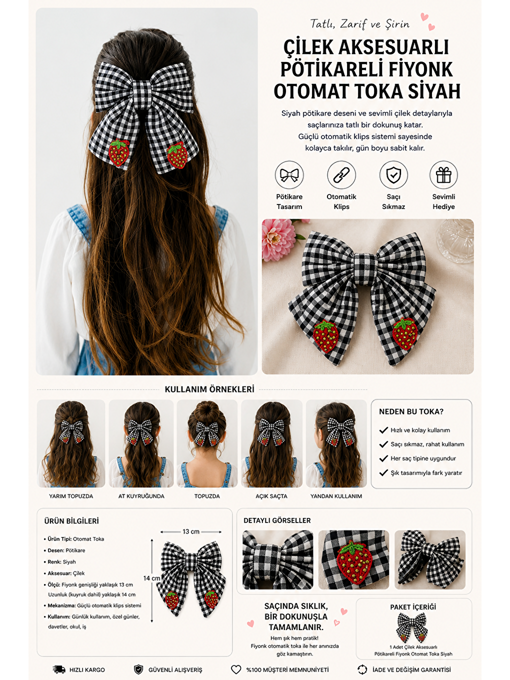 Çilek Aksesuarlı Pötikareli Fiyonk Otomat Toka Siyah-1