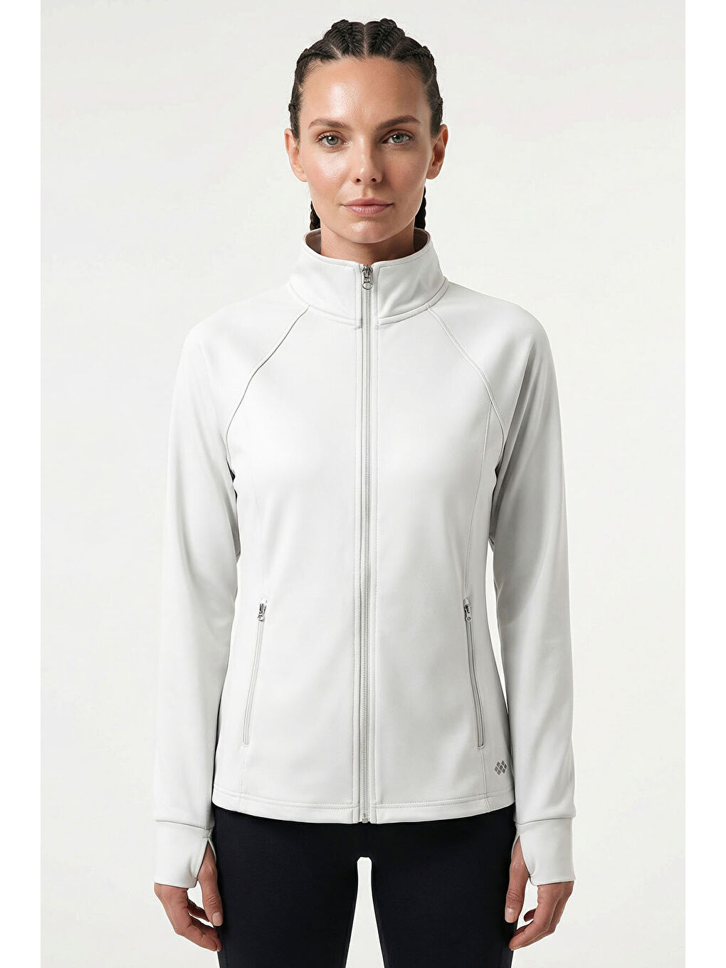 Beyaz Fermuarlı Dik Yaka Basic Rahat Form Kadın Koşu Ceketi - 97310-1