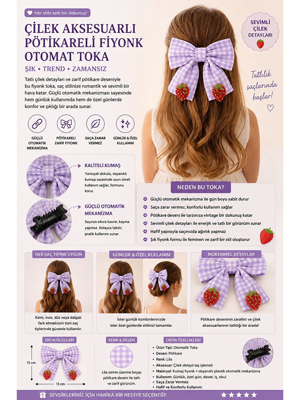 Mor Çilek Aksesuarlı Pötikareli Fiyonk Otomat Toka Lila-1