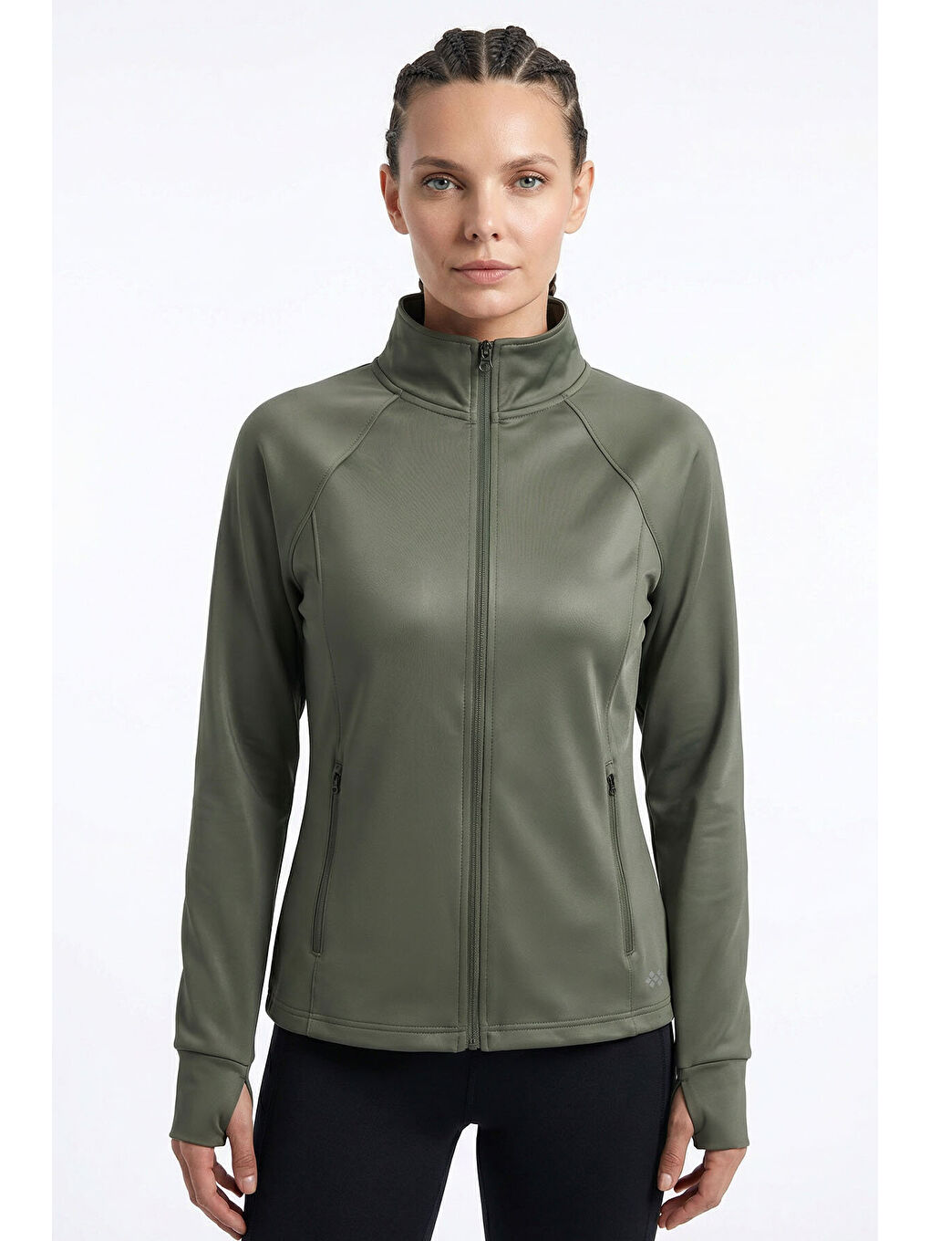 Haki Fermuarlı Dik Yaka Basic Rahat Form Kadın Koşu Ceketi - 97310