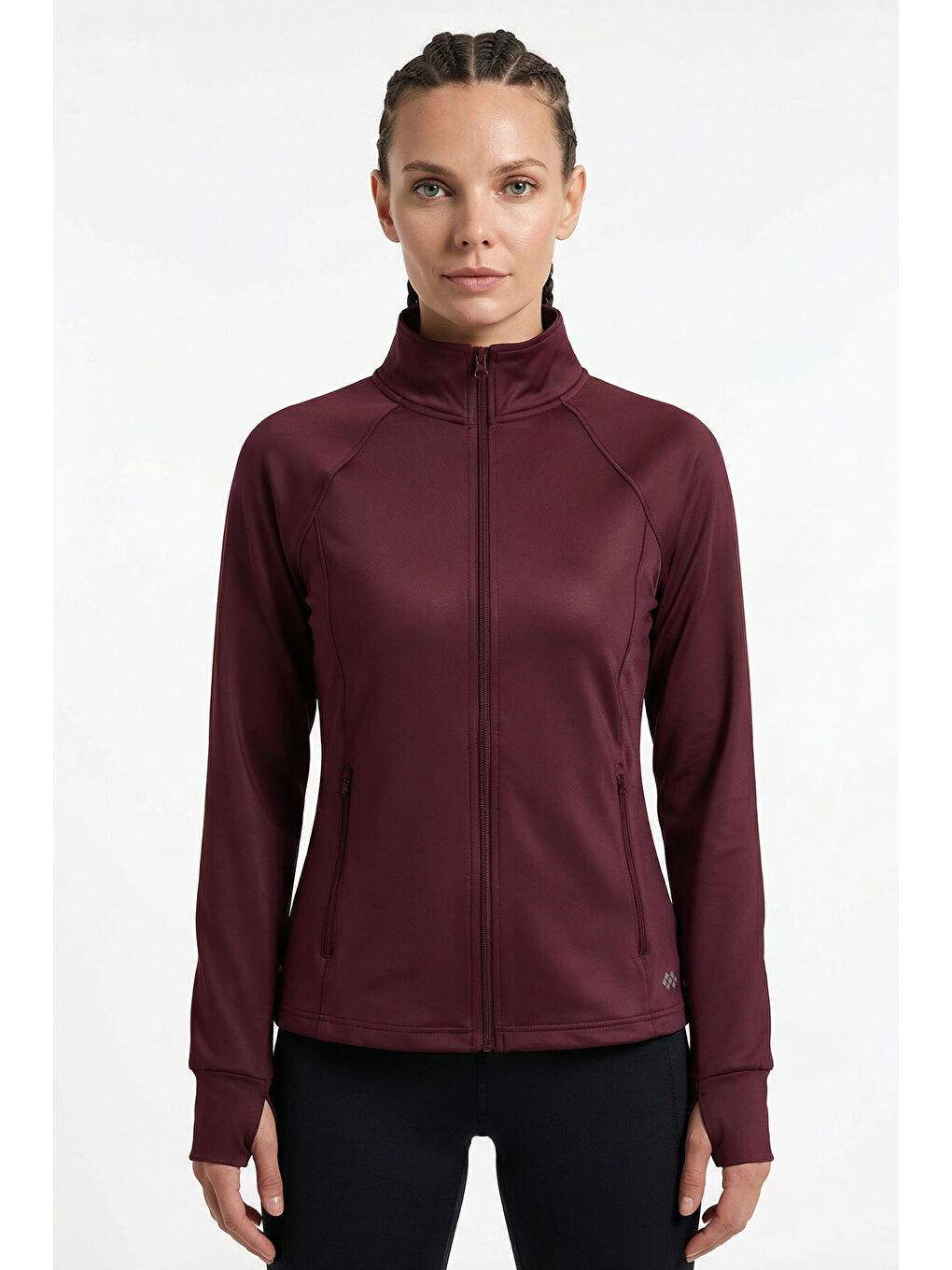 Bordo Fermuarlı Dik Yaka Basic Rahat Form Kadın Koşu Ceketi - 97310-1