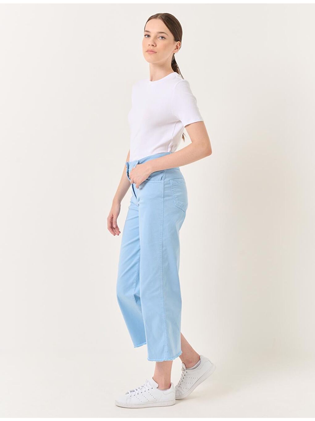 Gök Mavisi Bol Kesim Yüksek Bel Bol Paça Gabardin Pantolon